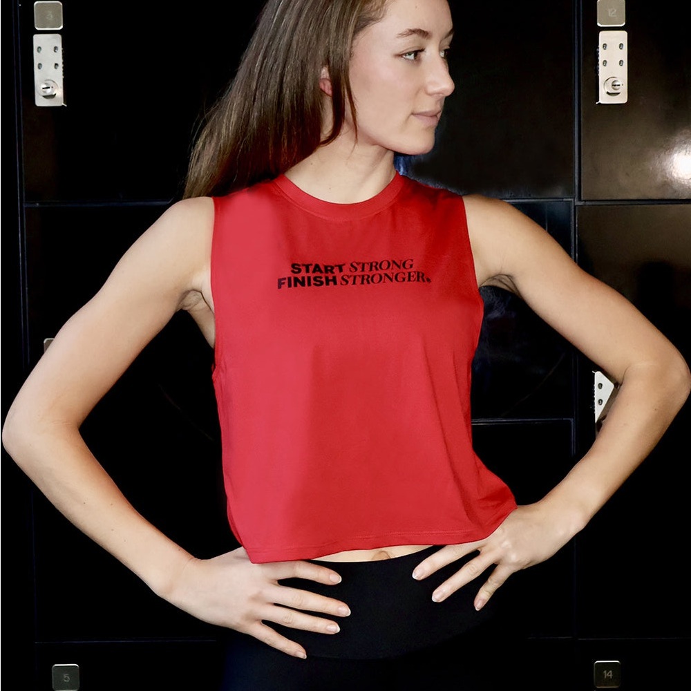 Barry’s Bootcamp crimson dry wicking cropped tank.